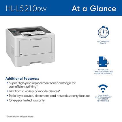 Brother HL L5210DW Duplex Wireless  50 Page per min Replace HL L6200DW  TN 920