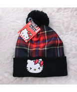 Hello Kitty Punk Plaid Embroidered Cuffed Knitted Beanie Hat - £9.32 GBP