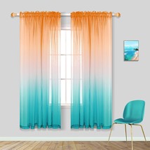 Orange And Teal Turquoise 63 Inch Length Sheer Curtains For Living Room Summer - £27.50 GBP