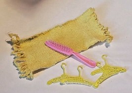 Vintage Barbie Accessories Yellow Beach Towel 4 Yellow Hangers Pink Brush - $12.72
