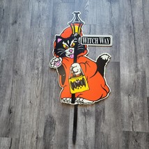 Vintage 90s Halloween Black Cat Bat Witch Way Yard Sign Decoration LampPost Bat - £79.12 GBP
