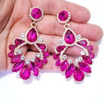 Bridesmaid Drop Earrings, Hot Pink Chandelier Earrings, Rhinestone Austrian Crys - £30.77 GBP