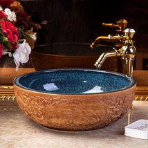 Handmade Engraved Tree Porcelain Bathroom Basin, Rustic Brown Ceramic Ro... - $559.38 CAD