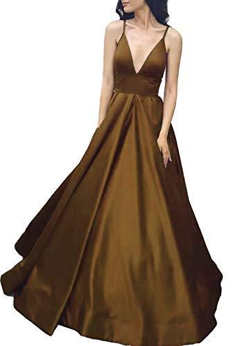Spaghetti Straps Deep V Neck A Line Long Formal Prom Evening Dress Coffee US 14