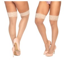 STAY UP SHEER MESH THIGH HIGH STOCKINGS WITH FLORAL LACE TOPS Size OS &amp; QN - £14.14 GBP