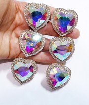 AB Iridescent Rhinestone Heart, CLIP ON Earrings, Oversized Chandelier Earrings, - £47.15 GBP