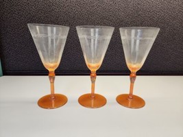 Set Of 3 Iridescent Glass Orange Stem Water Wine Goblets 7&quot; Floral Etche... - £20.43 GBP