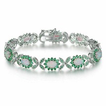5.5Ct Simulated Opal &amp; Emerald Tennis Bracelet 14K White Gold Plated Silver - £168.49 GBP