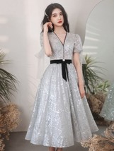 Beautiful New Summer Gray Evening Dresses V-neck A-line Tea-length Sequin Tulle  - £279.76 GBP