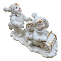 Vintage O&#39;Well White Porcelain Snowman Family with Gold Trim 8&quot; Tall - £37.35 GBP