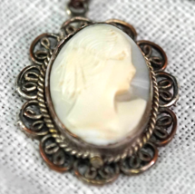 Antique Cameo Pendant Necklace Lady with Wavy Hair Filigree Setting Sterling - £55.84 GBP