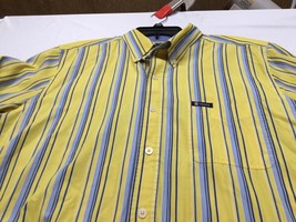 Chaps Easy Care Mens Long Sleeve Button Down Shirt Large Stripes Blue Yellow - £11.60 GBP