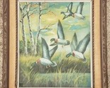 Vintage Painting Oil on Canvas Flying Ducks in March w Birch Trees 17 1/... - $55.39