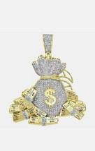 10K Yellow Gold Plated  Simulated Diamond Money Bag Stacks Pendant 1.85&quot;  3Ct - £211.28 GBP