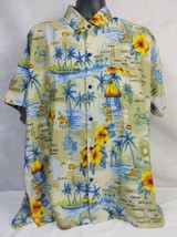 Happy Bay Hawaiian Blue Yellow Palms &amp; Islands Logo Shirt Sz Large - £11.35 GBP