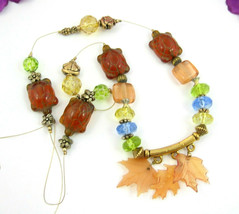 Glass Turtle Beads Autumn Fall Necklace Vintage Floating Colors Beaded Leaves - £13.46 GBP