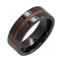 Black Ceramic Flat Comfort-Fit Band with Hickory Wood Inlay - £319.93 GBP