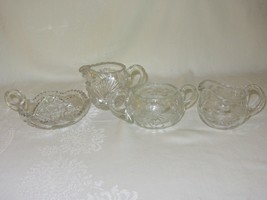 Vintage Heavy Cut Glass Star Pattern Finger Loop Bowl Sugar &amp; 2 Creamer Pitchers - £31.64 GBP