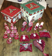 VTG 19pc Burgundy Christmas Tree Ornament Lot &amp; Cat Nesting Box Set Shoes Purse - £40.20 GBP