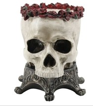 Skull Planter with Red Roses Halloween Decor - £126.60 GBP