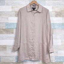 Tahari Linen Oversized Tunic Shirt Beige Side Slit Lagenlook Womens Medium - $39.59