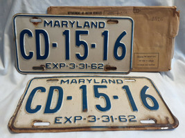 Vtg License Plate Maryland Vehicle Tag CD-15-16 Exp 3-31-62 In Paper DMV... - $49.95