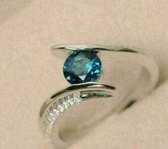 1.10Ct Redondo Imitación Azul Topaz&amp;diamond Anillo de Compromiso 14k Blanco Oro - £74.23 GBP