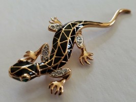Gold toned black enameled rindstone lizard broach Green Eyes  PinBack Brooch - £28.59 GBP