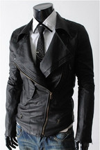 Handmade Motorbike Jacket Men Black Real Leather Brando With Fastening Zipper - £109.64 GBP