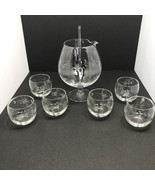 VTG MCM Etched Snifter Pitcher w 6 Roly Poly Brandy Cordial Glasses Barware - £26.23 GBP