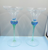 Art Glass Taper Candle Holder Green Stem Flower Gold Accent Pair - £39.39 GBP