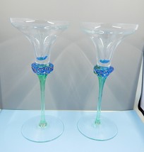 Art Glass Taper Candle Holder Green Stem Flower Gold Accent Pair - £37.36 GBP