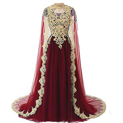 Kivary Gold Lace Vintage Long Prom Evening Dress Wedding Gown Cape Burgundy US 8