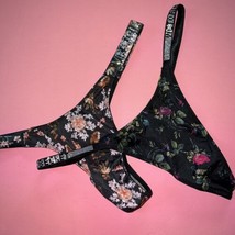 Victoria&#39;s Secret S PANTY thong LOT 2 floral black pink green blue SHINE... - $59.39