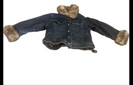 Toddler Girl Jean Jacket 4 T Lepoed Print Lining Faux Fur Collar &amp; Sleeves - £12.60 GBP