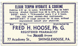 Antique Label Elixir Terpin Hydrate &amp; Codeine Fred Hoose Rexall Shinglehouse Pa - £18.14 GBP
