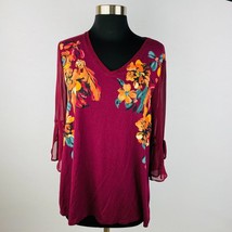 Dressbarn Womens Small S Maroon Red Rayon Blend Floral Print Bell Tie Sleeve Top - £14.06 GBP
