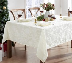 Christmas Carol Holiday Noel Damask Tablecloth Holly Leaf and Poinsettia Weave D - £41.75 GBP