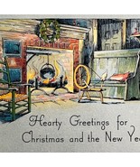 Christmas Victorian Style Greeting Card Lithograph 1920-1940 Fireplace P... - $27.34 CAD