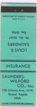 Matchbook Cover Saunders Wilford Insurance Co Grand Rapids Michigan - £2.28 GBP