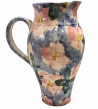 Vintage 80s Art Pottery Pitcher Pastel Flowers Hibiscus 9.5&quot; Tall 1980s - £34.32 GBP