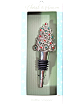 Christmas Tree Silver Wine Bottle Stopper Metal Swirls Red Green Rhinestones - £12.58 GBP