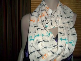 Infinity Scarf Stylized Cats Kitties Turquoise Orange Black 64 by 12 Inches - $24.74