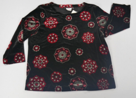Hot Cotton Black Red Floral Print Velvet Velour Tunic Top 3/4 Sleeve Wms... - £30.56 GBP