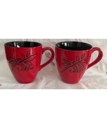 2 Starbucks Mug 2007 12 oz Mugs Christmas Holiday Red Black Holly Embossed - $14.84