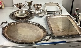 Lot Of 10 Silver Plated Platters, Bowls, Sugar/Creamer And Spoon - $911.17 MXN