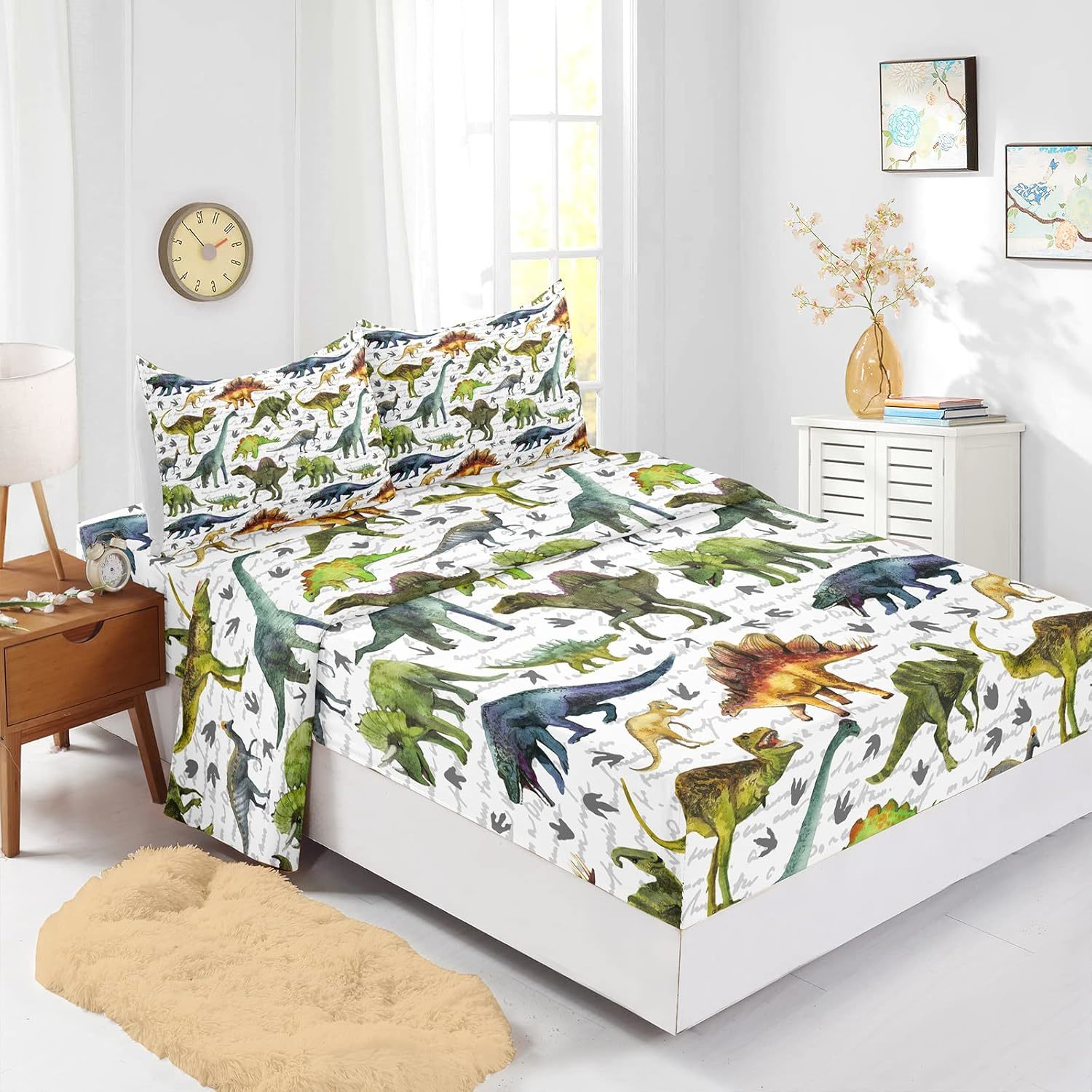 Dinosaur 4 Piece Kids Sheets Twin Size,Jurassic Dinosaur Bedding Sheet Set,Boys