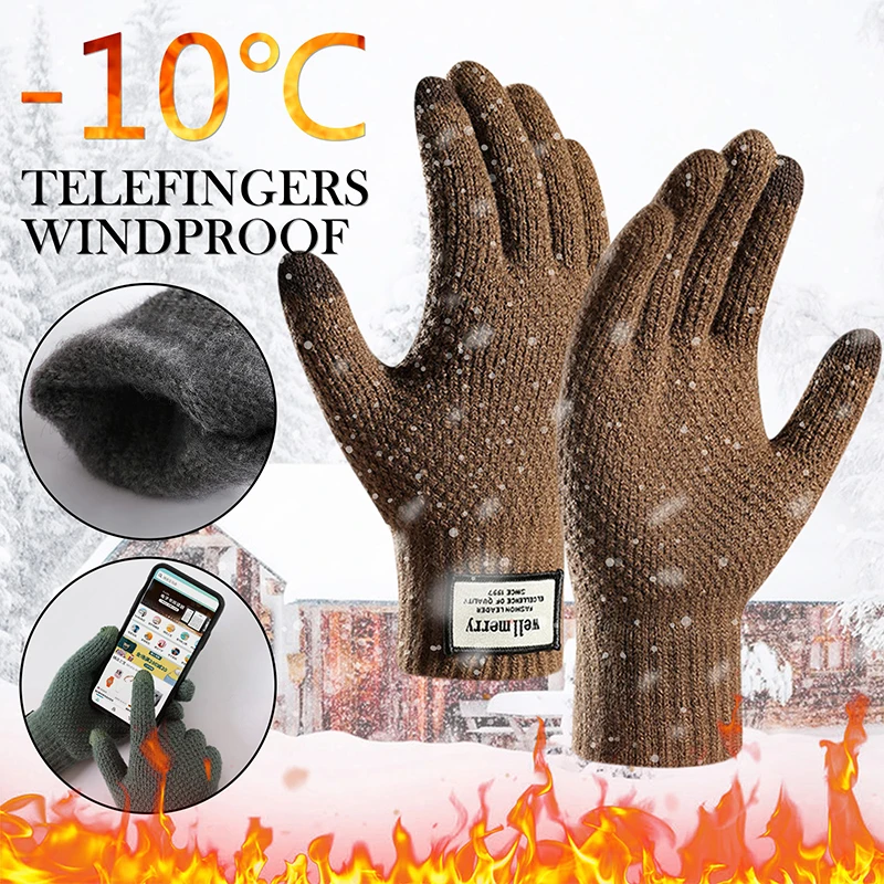 Winter Men Knitted Gloves Touchscreen Male Mitten Thicken Warm Wool Cashmere Men - £10.89 GBP