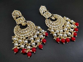 Kundan jewelry earrings red White beads Gold plated chandbali Jewelry Set 350 - £29.93 GBP