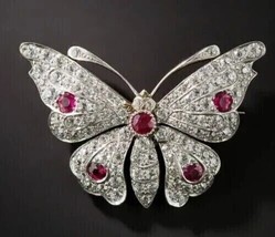 2Ct Round Cut Lab Created Ruby  Butterfly Brooch Pin 14K White Gold Plated - £144.83 GBP